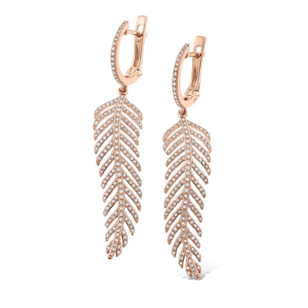 Diamond Large Feather Drop Earrings in 14K Rose Gold with 336 Diamonds ...