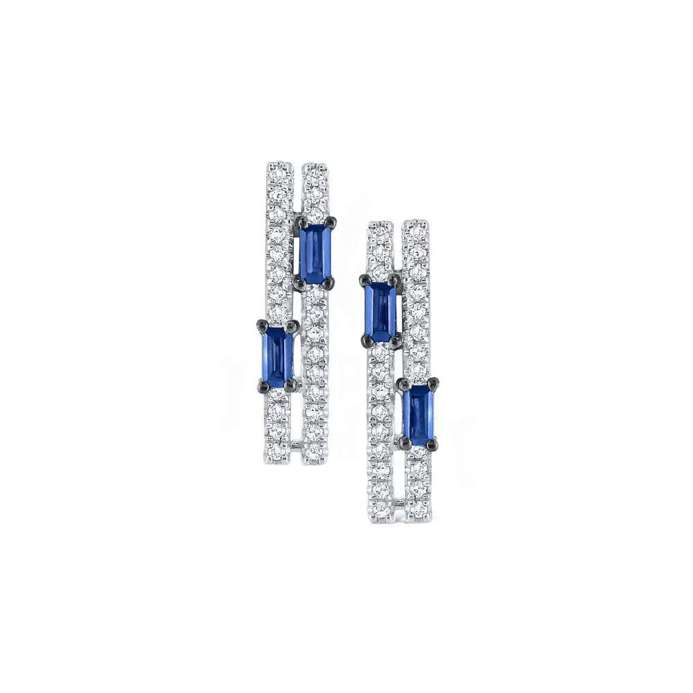 Sapphire & Diamond Double Line Mosaic Earrings Set in 14 Kt. Gold