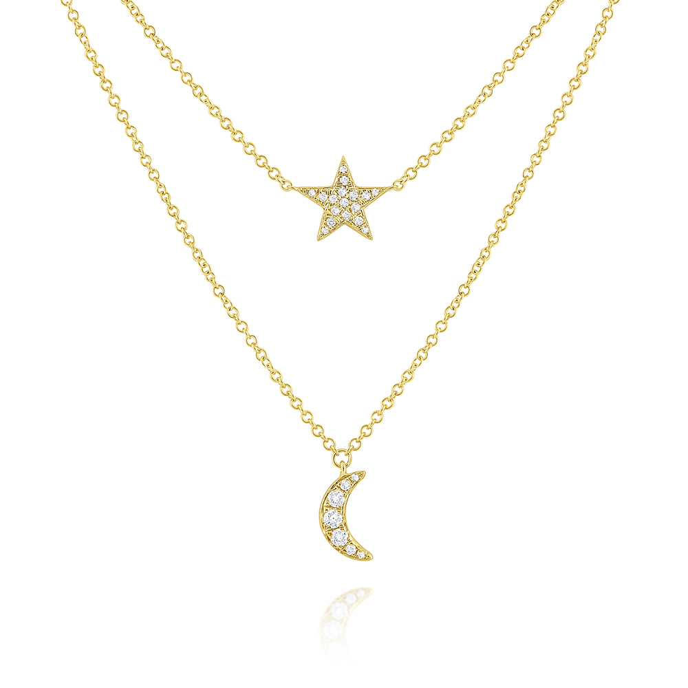 14k Gold and Diamond Star and Moon Necklace