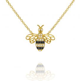 14k Gold Black and White Diamond Bee Neklace